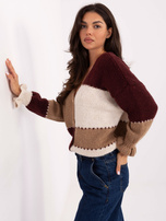 Ecru-bordowy sweter z falbankami przy rękawach RUE PARIS