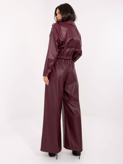 Burgundowe skórzane spodnie z paskiem RUE PARIS