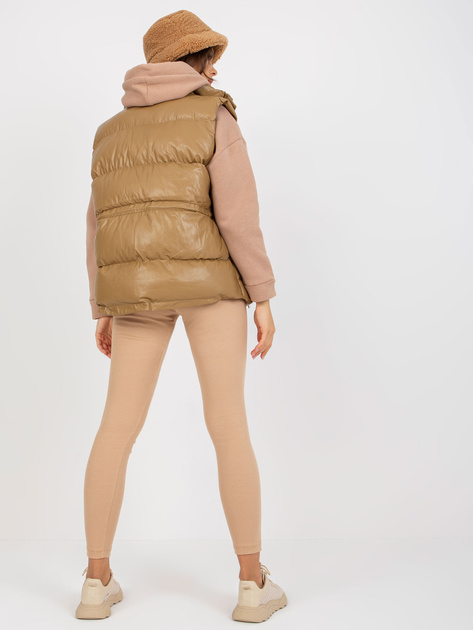 Hurt Camelowa puchowa kamizelka z eko skóry z kieszeniami