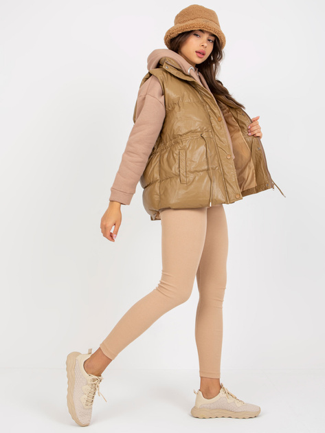 Hurt Camelowa puchowa kamizelka z eko skóry z kieszeniami