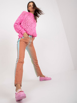 Różowy ażurowy sweter klasyczny z wełną RUE PARIS 