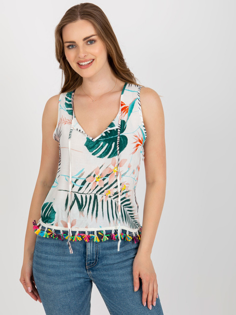 Hurt Biała letnia bluzka z nadrukiem i frędzlami