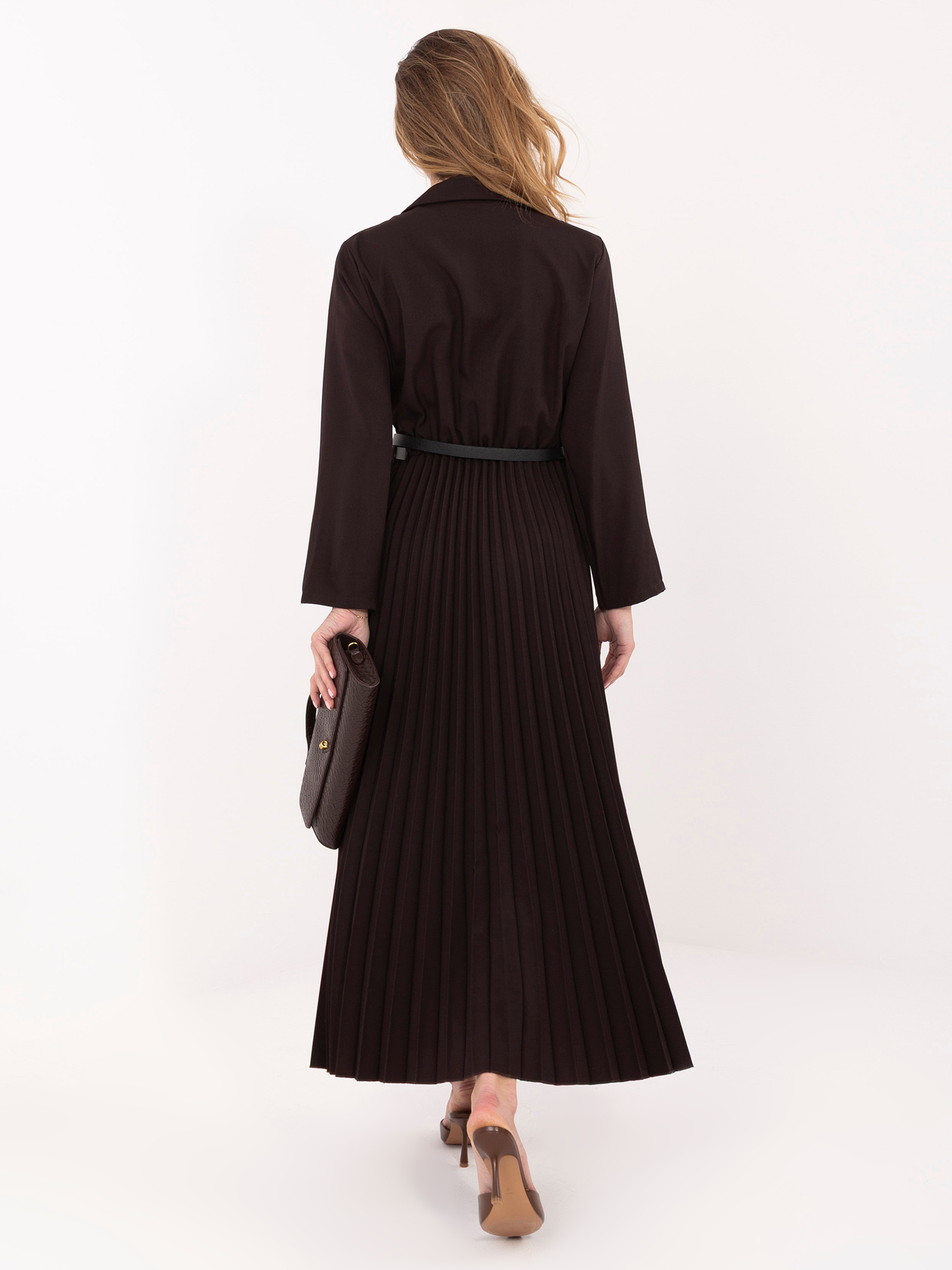 Czekoladowa długa sukienka z marynarkową górą RUE PARIS 