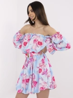 Niebiesko-różowa sukienka hiszpanka z paskiem