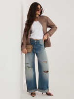 Ciemnobeżowa damska kurtka z ekoskóry ze stójką 