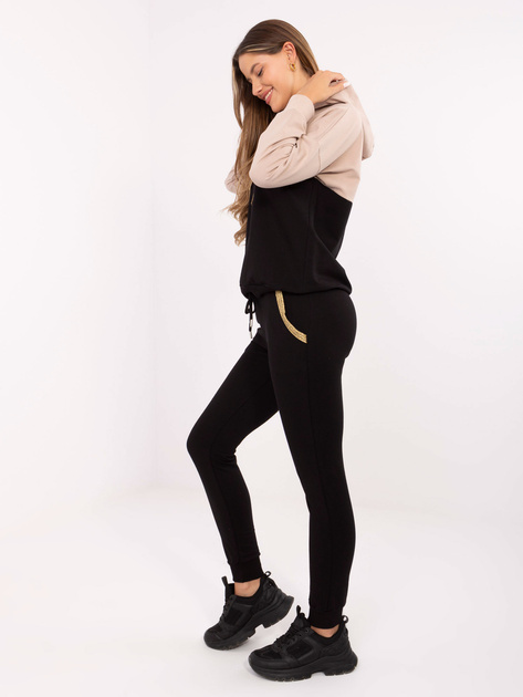 Hurt Beżowo-czarny damski komplet dresowy ze spodniami