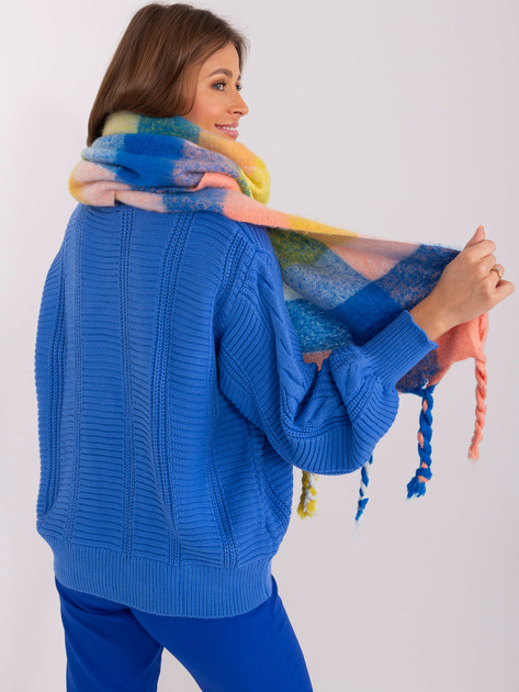 Hurt Żółto-niebieski damski szal z kolorowymi frędzlami