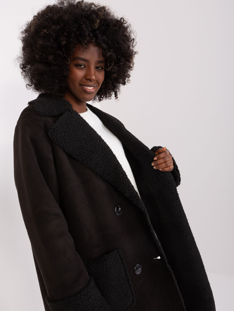 Hurt Czarny zimowy płaszcz kożuch z kieszeniami