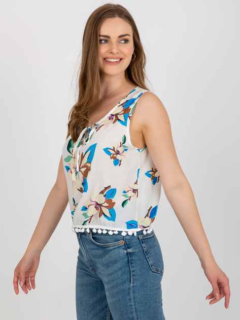 Hurt Biała bluzka w kwiaty z ozdobnym wykończeniem