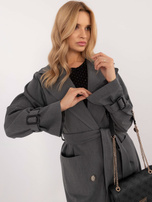 Hurt Ciemnoszary długi płaszcz trencz z kieszeniami