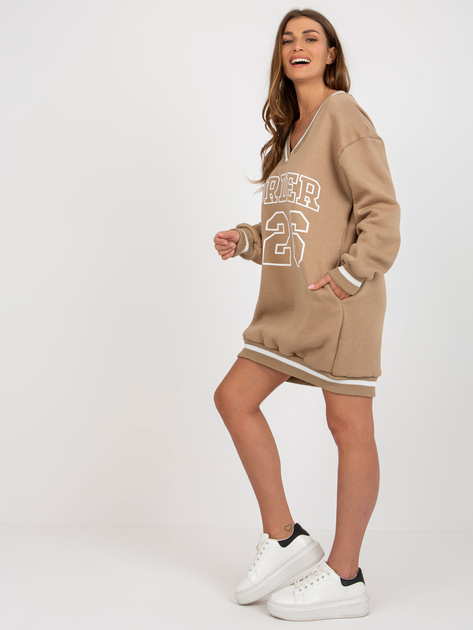Hurt Ciemnobeżowa długa bluza dresowa z nadrukiem