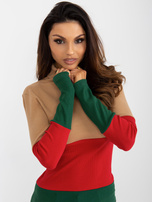 Hurt Jasnocamelowo-ciemnozielona bluzka basic z golfem w prążek