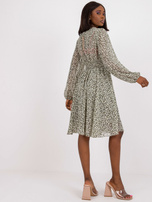 Khaki-beżowa rozkloszowana sukienka midi z printami ZULUNA