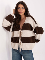 Ecru-brązowy sweter oversize z wiązaniem RUE PARIS 