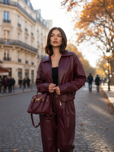 Burgundowa krótka kurtka z ekoskóry RUE PARIS 