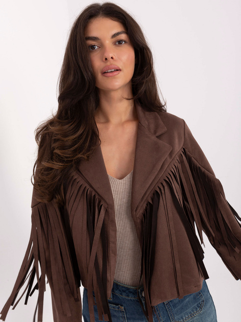Brązowa zamszowa kurtka z frędzlami RUE PARIS