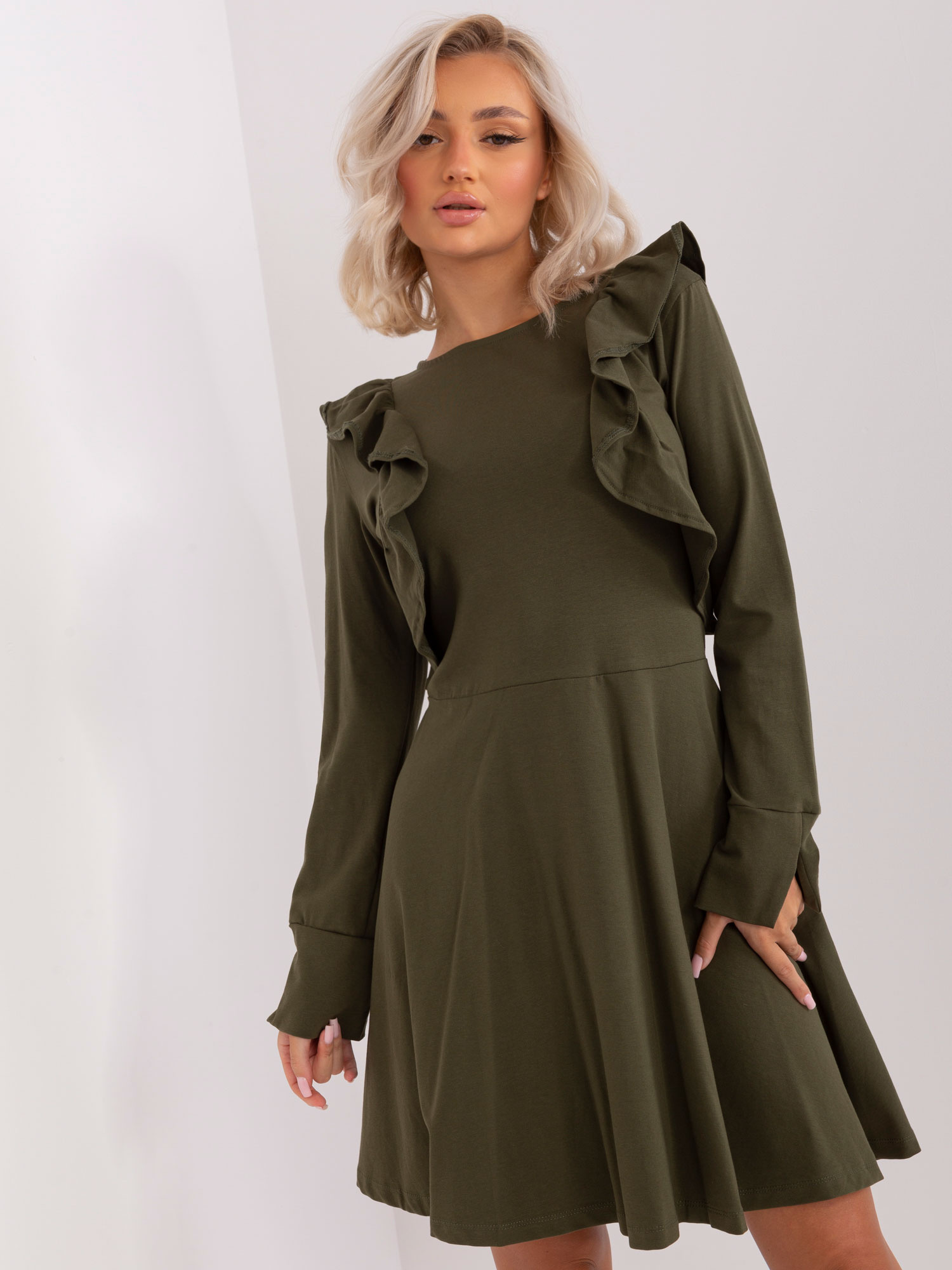 Khaki rozkloszowana sukienka z bawełny