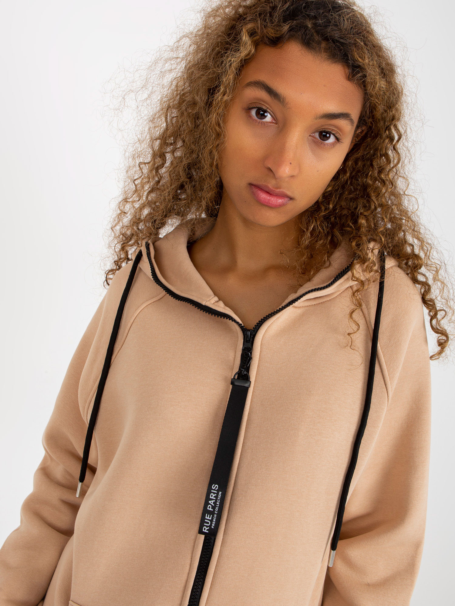 Hurt Beżowa długa rozpinana bluza basic z kapturem RUE PARIS  