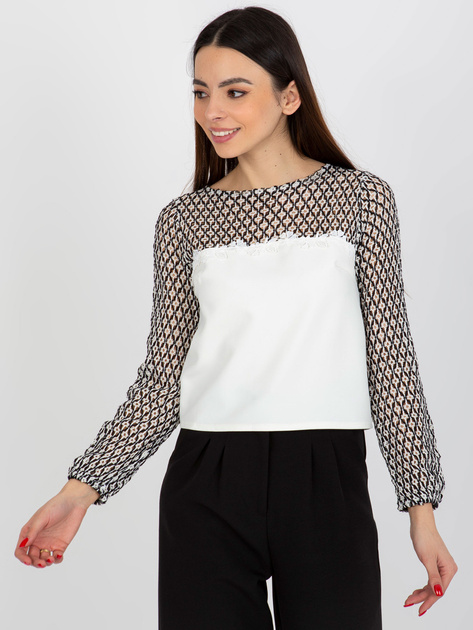 Hurt Ecru-czarna damska bluzka wizytowa z długim rękawem
