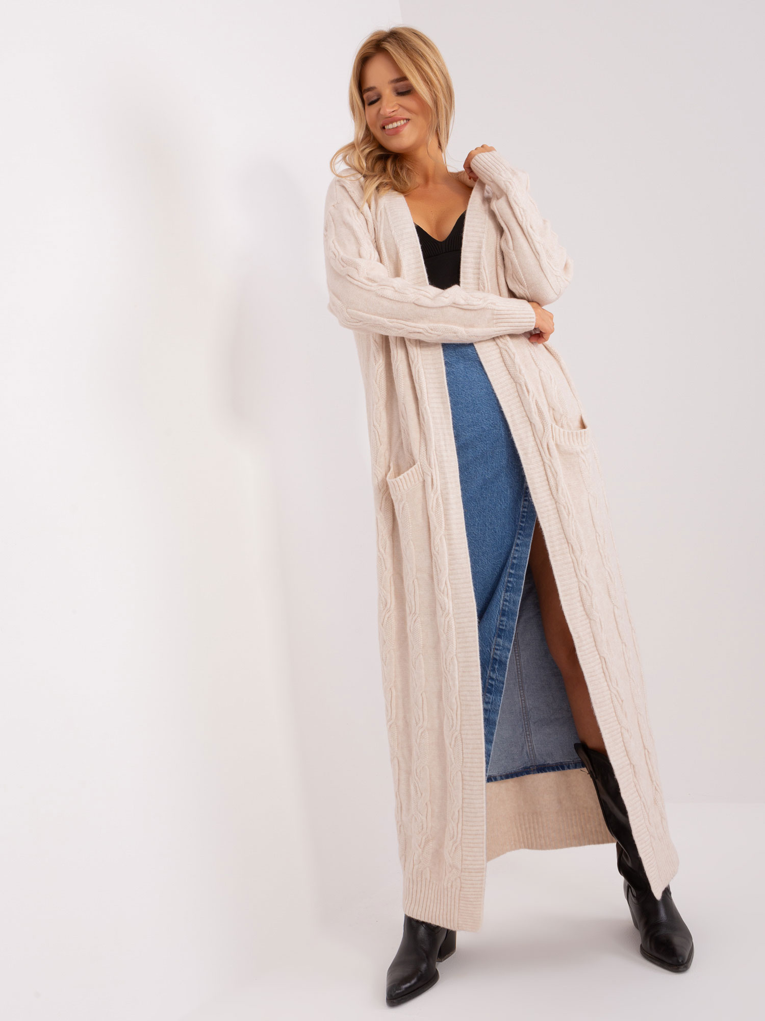 Wholesale Light Beige Maxi Cardigan with Pockets