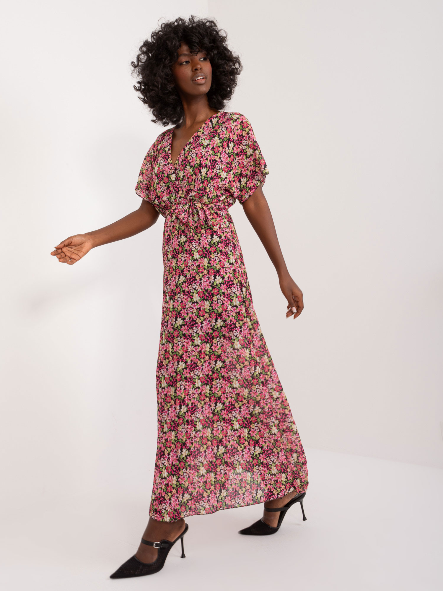 Wholesale Black-Pink Long Women's Dress with Floral Patterns.