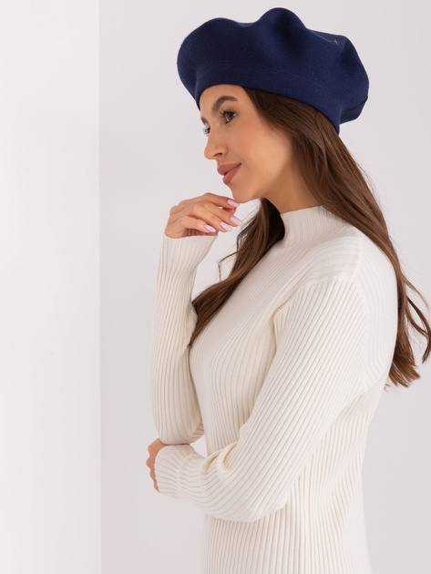 Hurt Granatowy gładki beret damski z kaszmirem