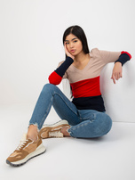 Hurt Beżowo-granatowa damska bluzka basic w prążek RUE PARIS