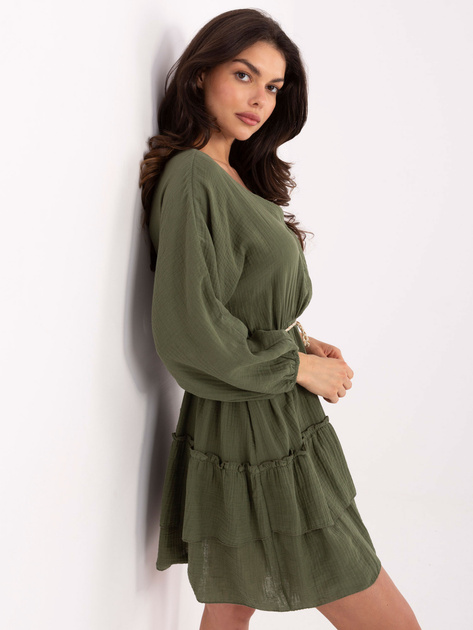 Khaki muślinowa sukienka z bufiastymi rękawami