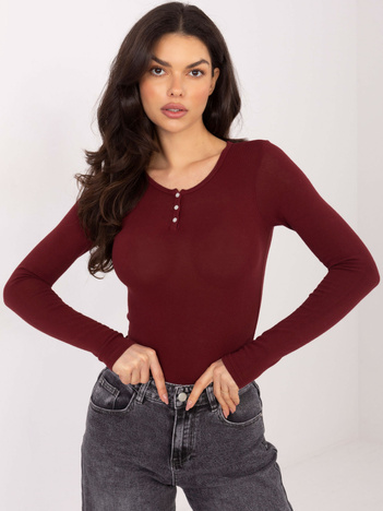 Bordowa krótka bluzka basic z długim rękawem