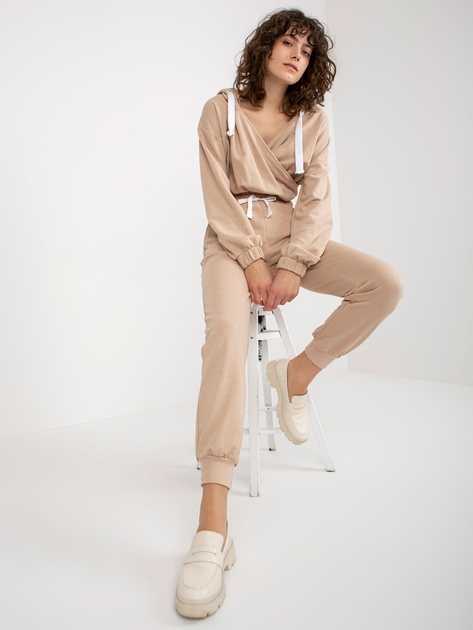 Hurt Beżowy dresowy komplet basic z kopertową bluzą
