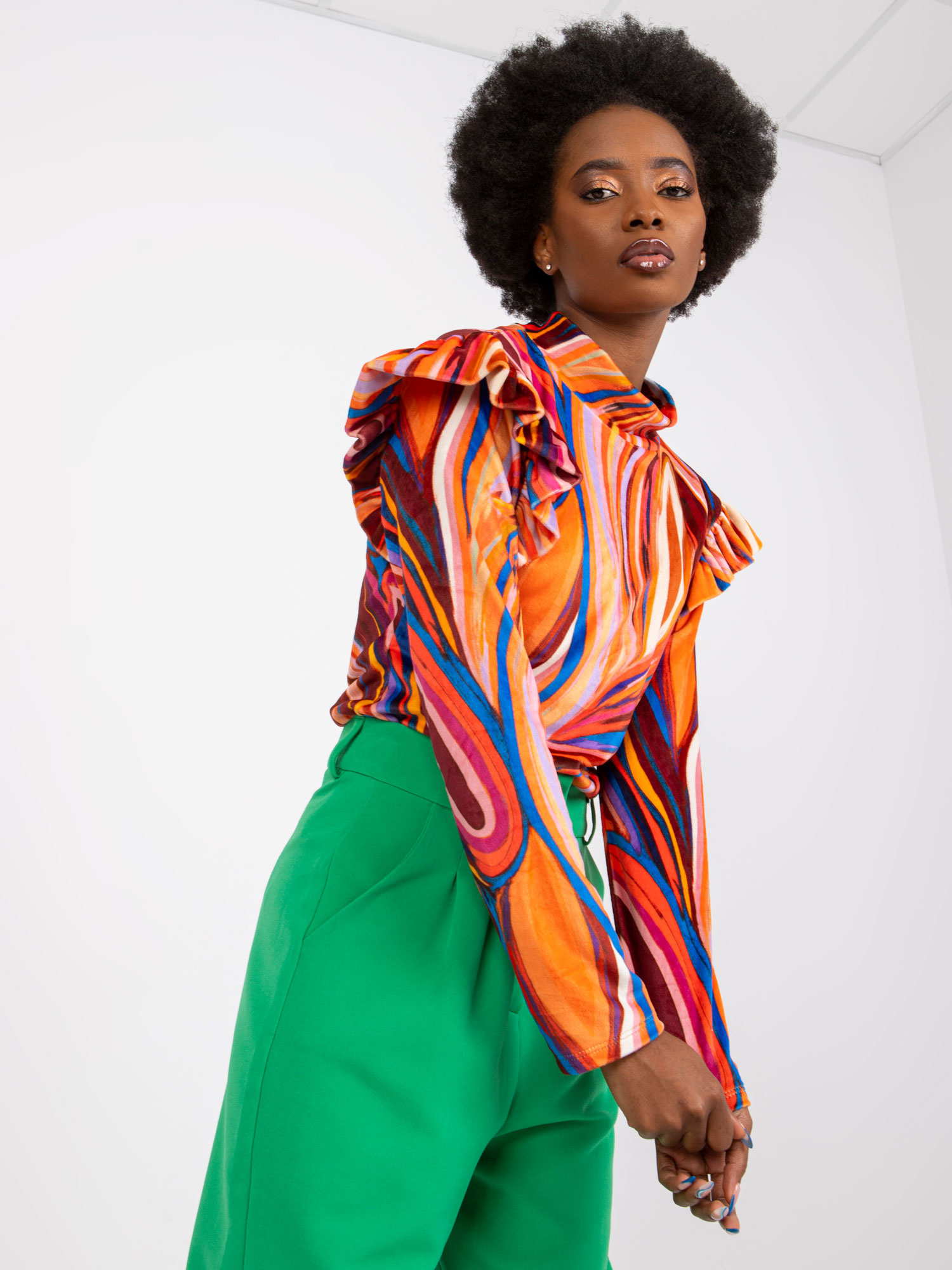Orange velour blouse with ruffles Lina