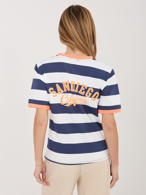 Fluo pomarańczowo-granatowy bawełniany t-shirt w paski