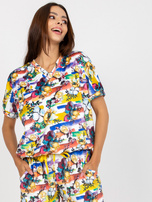 Biało-żółty komplet welurowy z bluzką z krótkim rękawem