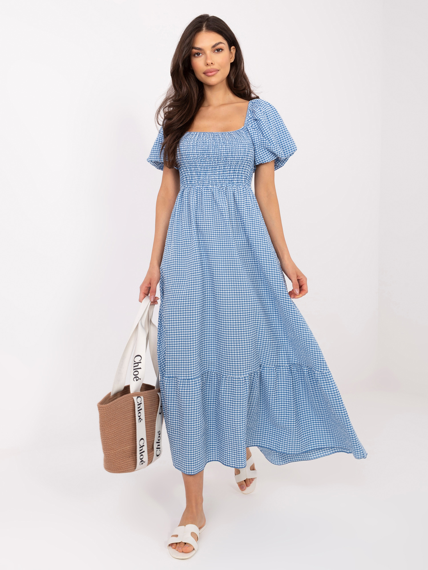 Niebieska sukienka hiszpanka z krótkim rękawem