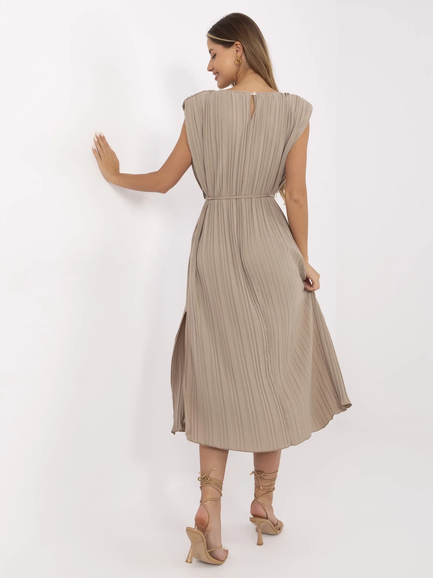 Dark beige midi dress with slits.