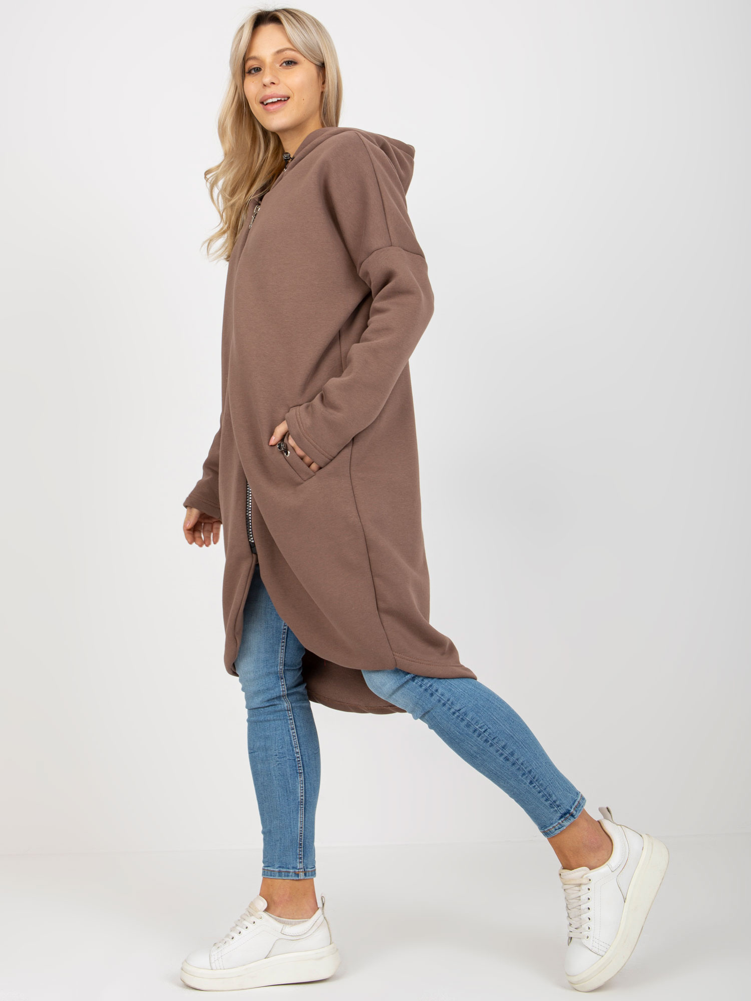 Brązowa rozpinana długa bluza basic z kapturem Tina RUE PARIS
