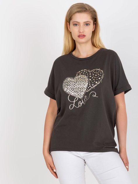 Khaki bawełniany t-shirt plus size z aplikacją z dżetów