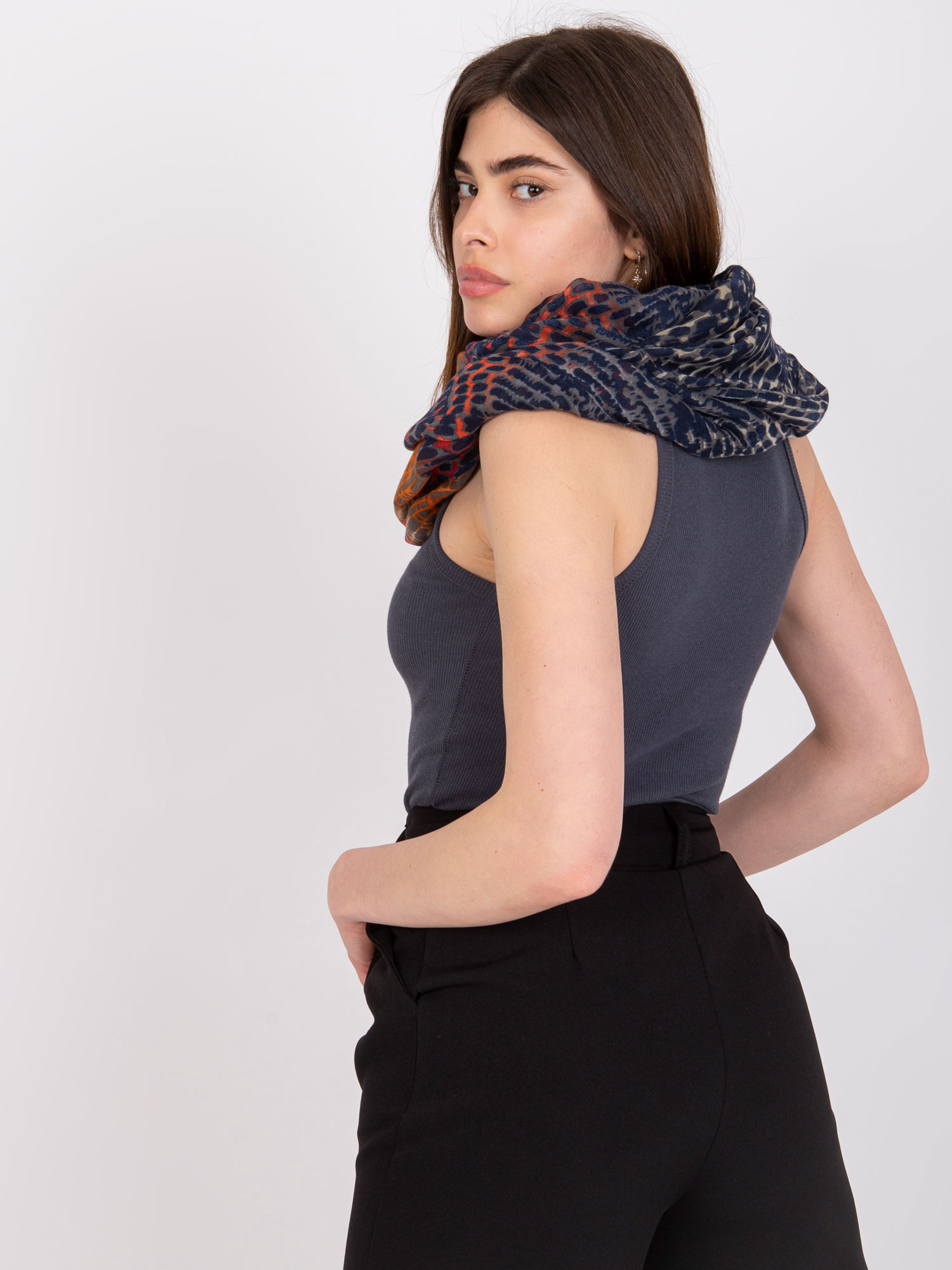 Navy blue and orange women's scarf with prints