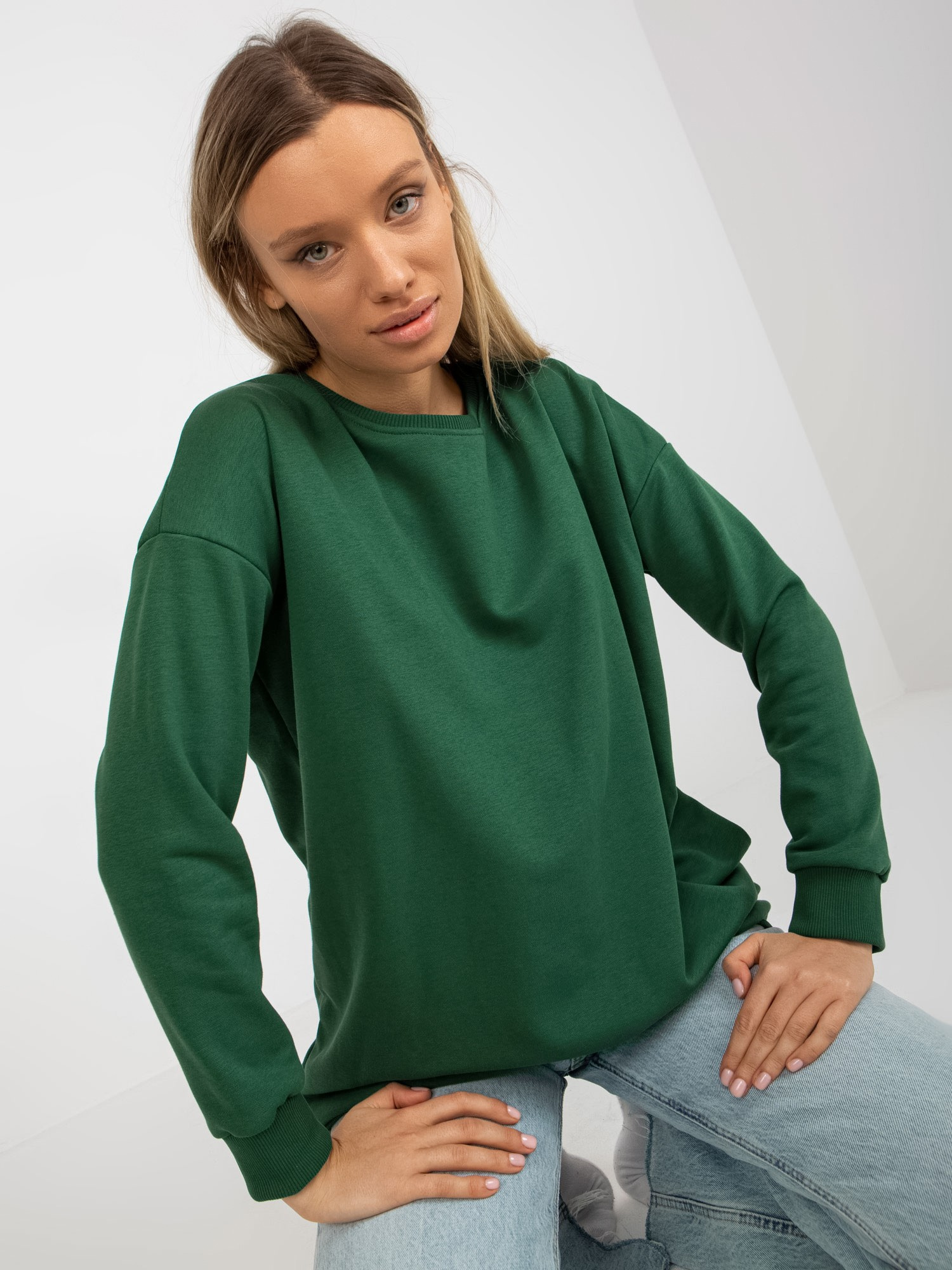 Ciemnozielona długa bluza basic z bawełny