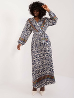Hurt Granatowo-beżowa długa sukienka we wzory