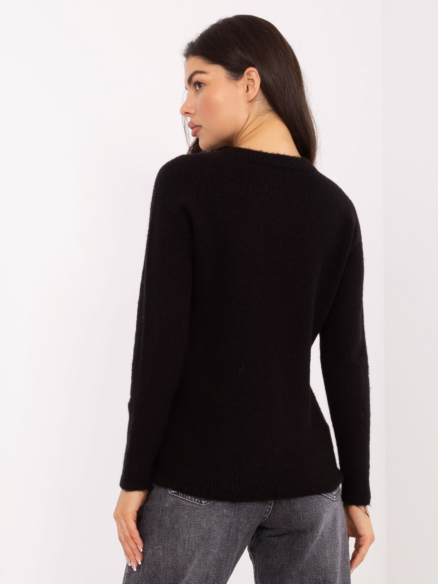 Black classic sweater with a round neckline.