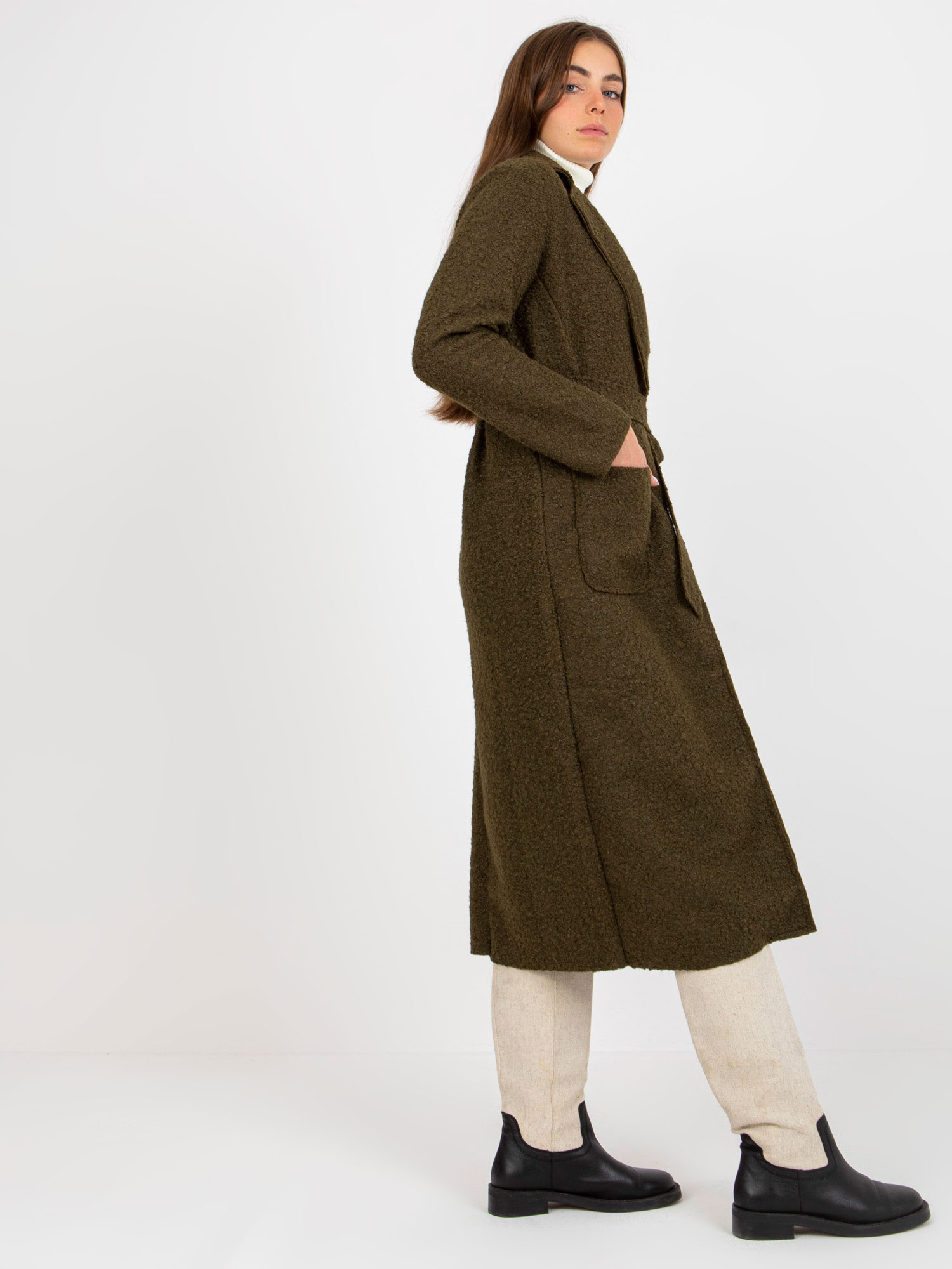 Khaki pluszowy maxi płaszcz z wiązaniem Merve OCH BELLA