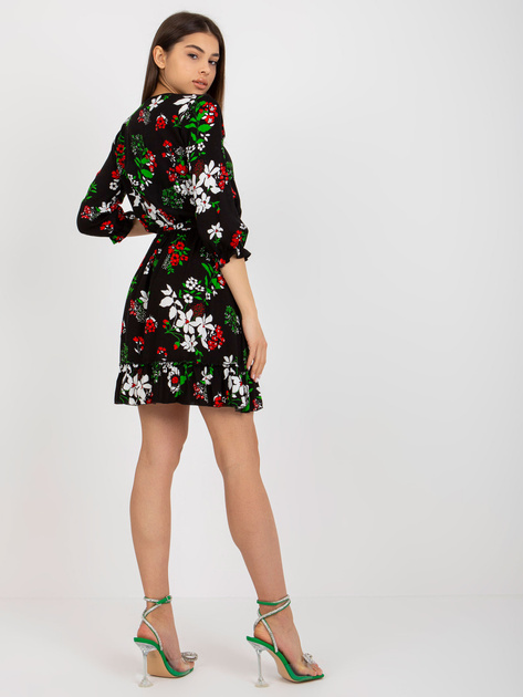 Hurt Czarna rozkloszowana sukienka w kwiaty z paskiem