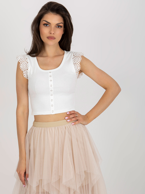 Hurtownia Ecru krótka bluzka z koronką w prążek