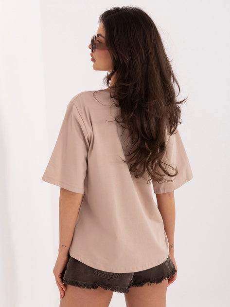 Ciemnobeżowy bawełniany t-shirt z dekoltem V RUE PARIS