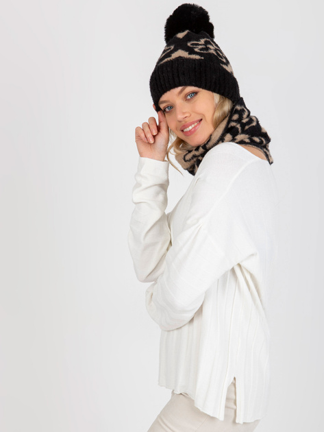 Hurt Czarno-beżowa damska czapka zimowa z pomponem