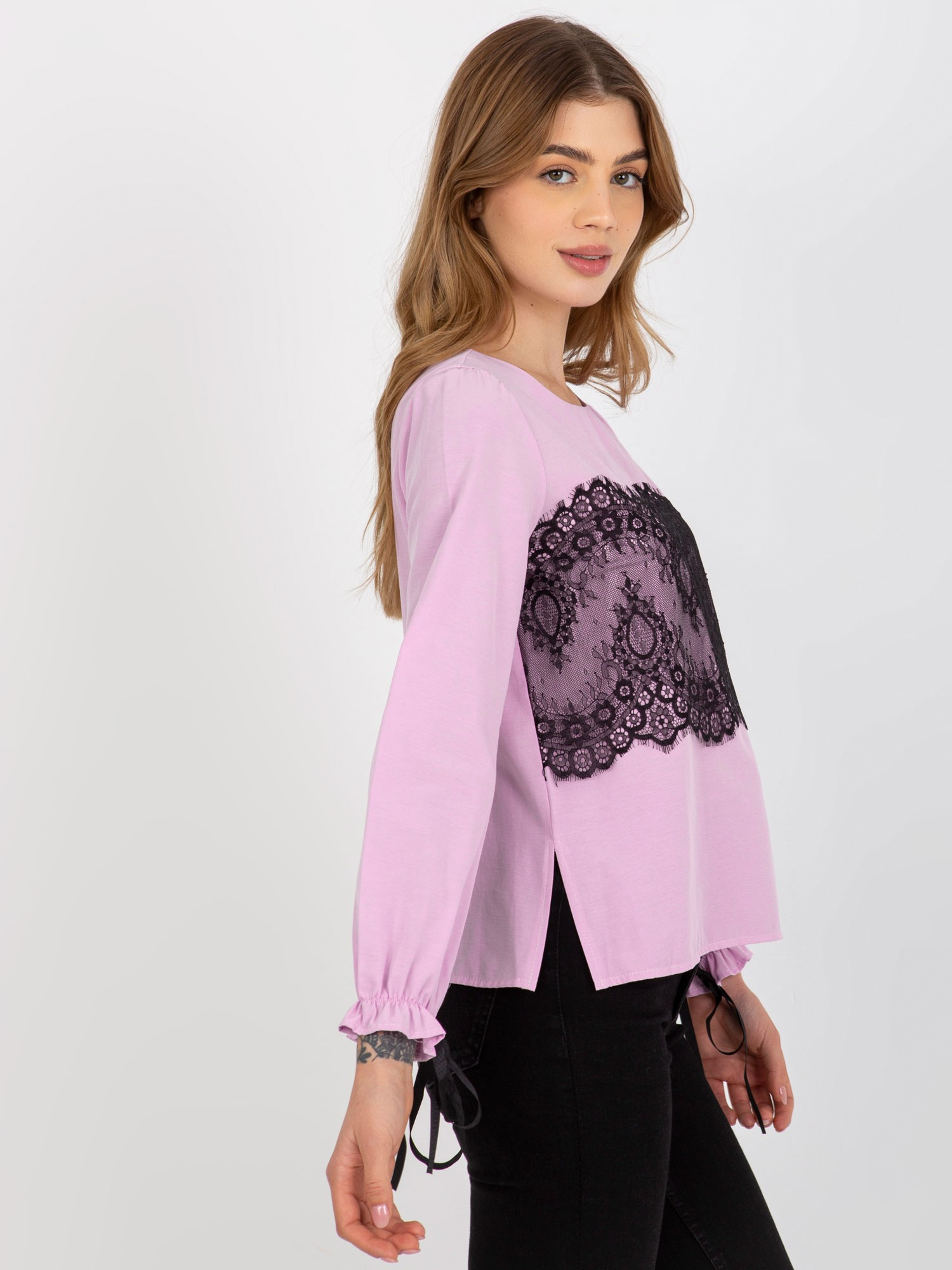 Hurt Light purple blouse with lace and tie.