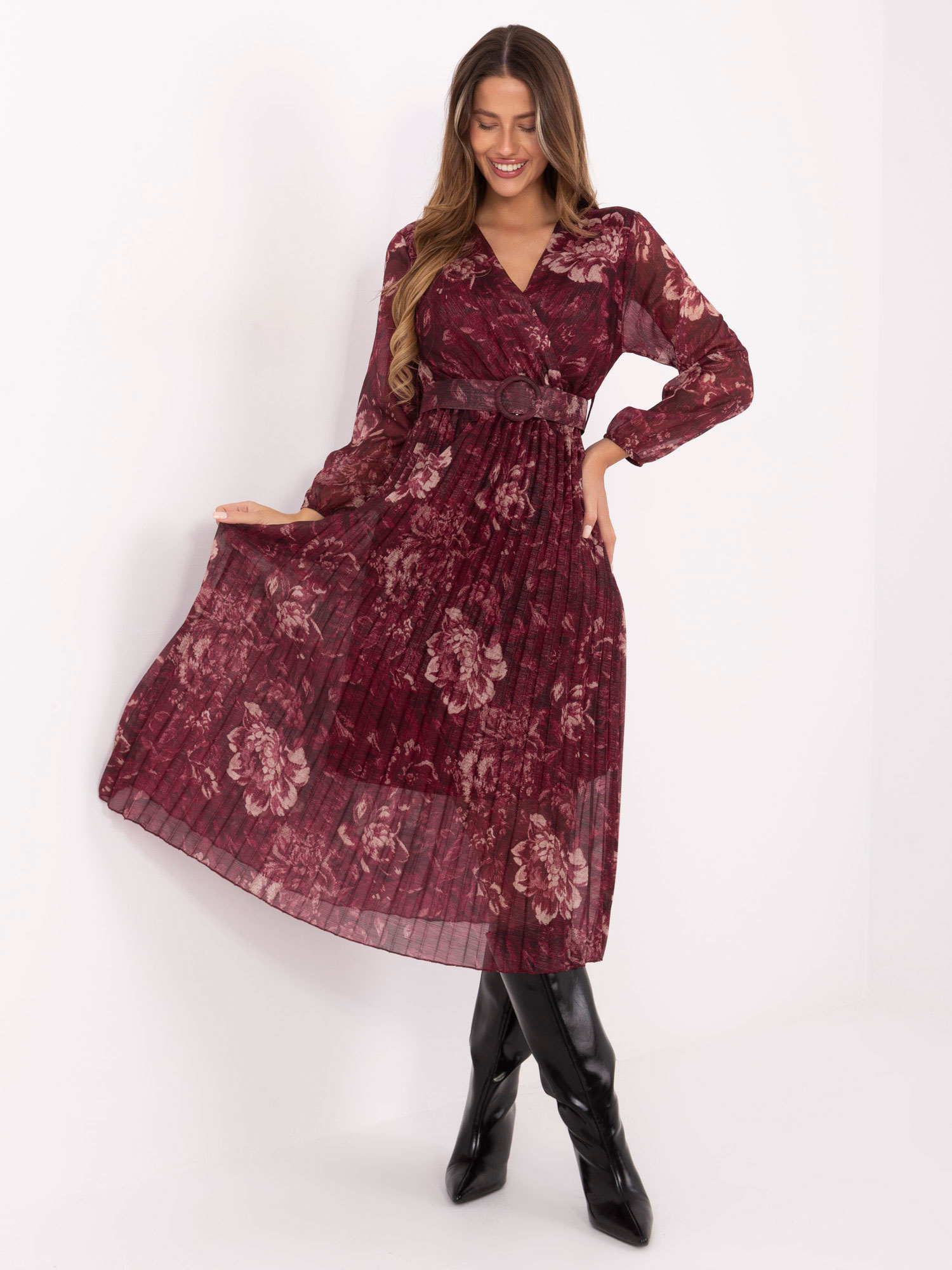 Burgundy pleated dress with flowers.