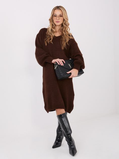 Ciemnobrązowa dzianinowa sukienka z dekoltem V