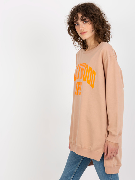 Hurt Beżowo-pomarańczowa długa bluza oversize z napisem